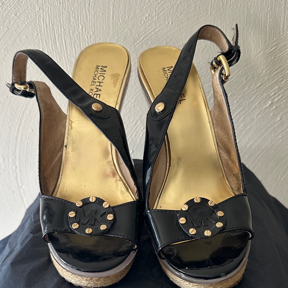 Michael Kors Black Patent Wedge Sandals